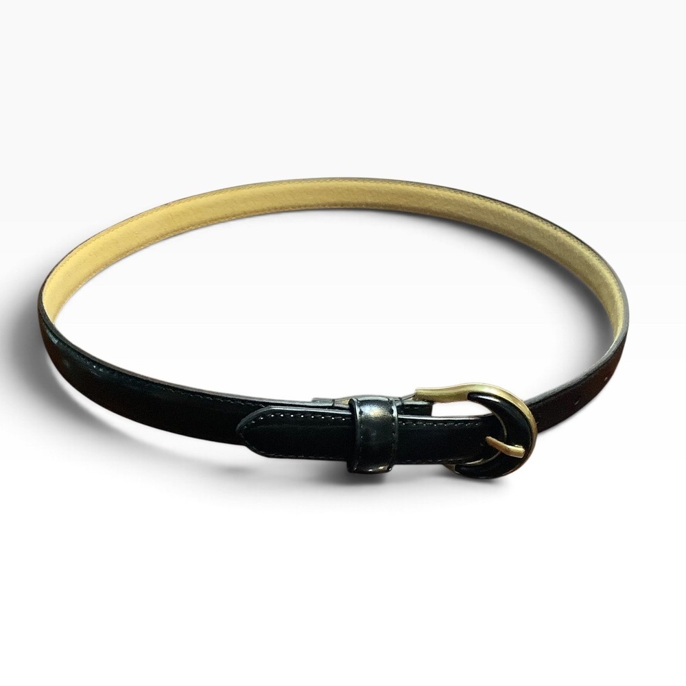 Vintage Black Genuine Leather Skinny Belt Gold Horseshoe Buckle Small Minimalist